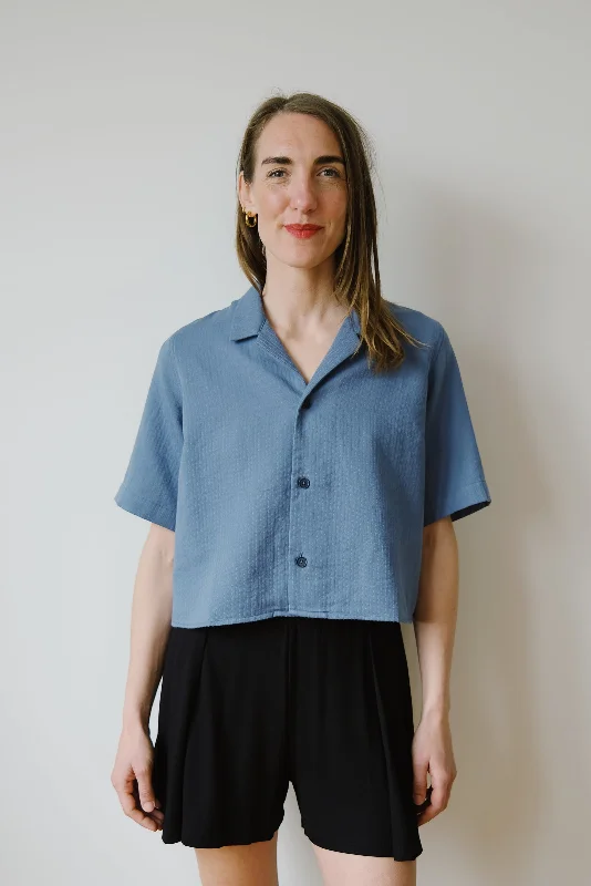 cropped cotton bowling shirt - stone blue Casual Oversized Short Shirt