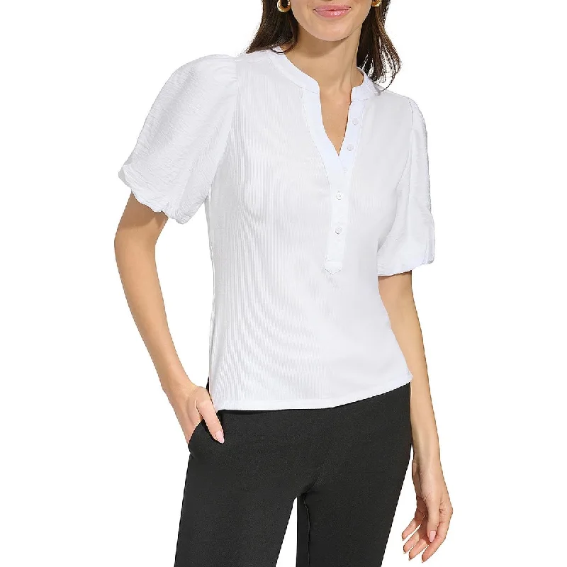 DKNY Womens Puff Sleeve Shirt Henley Stylish Short Sleeve Polo