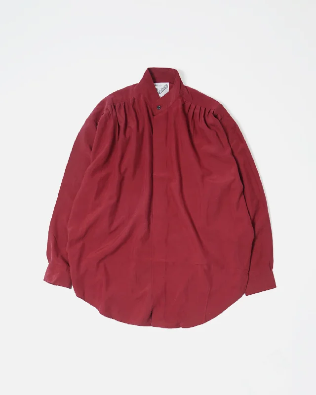 Gathered Silk Shirt / Burgundy Stylish Split-Hem Short Shirt