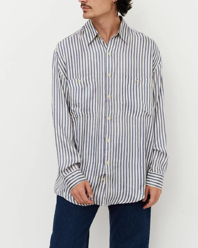 Stripe Silk Shirt / Blue Elegant Longline Short Shirt