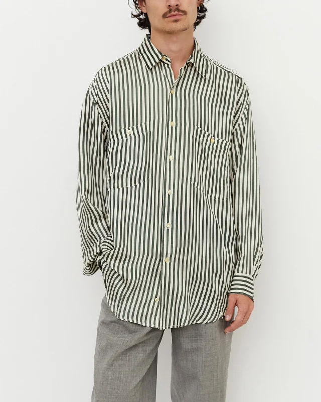 Stripe Silk Shirt / Green Fashionable Button-Front Short Sleeve