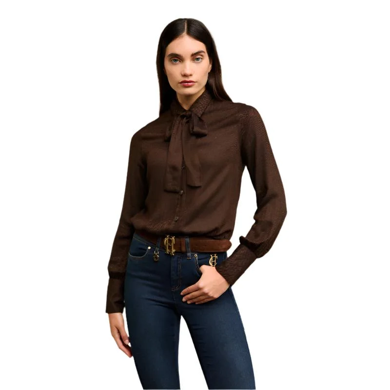 Holland Cooper Heritage Ladies Shirt - Tobacco Herringbone Elegant Longline Short Shirt