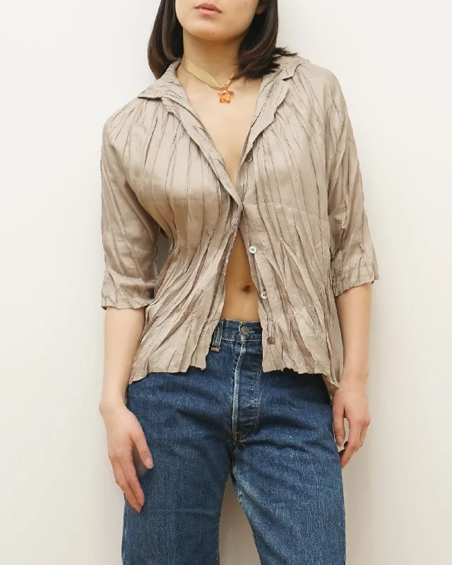 Pleats Please Wrinkled Shirts Elegant Silk Short Shirt