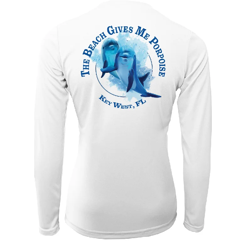 Key West "The Beach Gives me Porpoise" Women's Long Sleeve UPF 50+ Dry-Fit Shirt Chic Button-Up Short Shirt