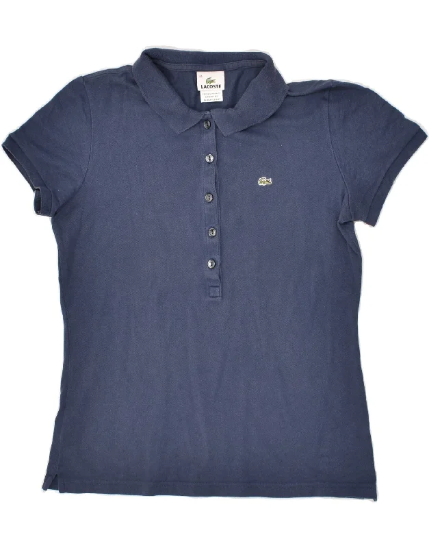 LACOSTE Womens Polo Shirt Size 44 Large Navy Blue Cotton Stylish Striped Short Sleeve