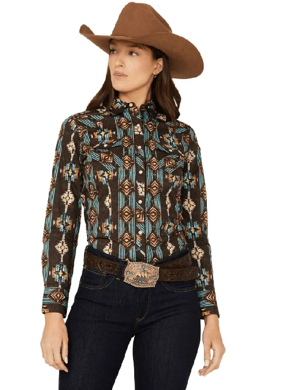 Panhandle Women's Multi Southwestern Print Long Sleeve Western Shirt B4S3321 Casual Slouchy Short Sleeve