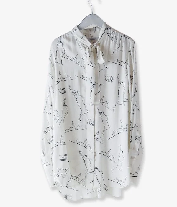 PHEENY/NYC PRINTED BOWTIE SHIRT (IVORY) Classic Denim Short Sleeve