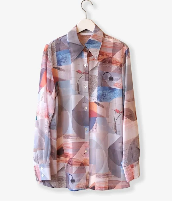 PHEENY/PRINT CHIFFON SHIRT(MULTI) Stylish Split-Hem Short Shirt