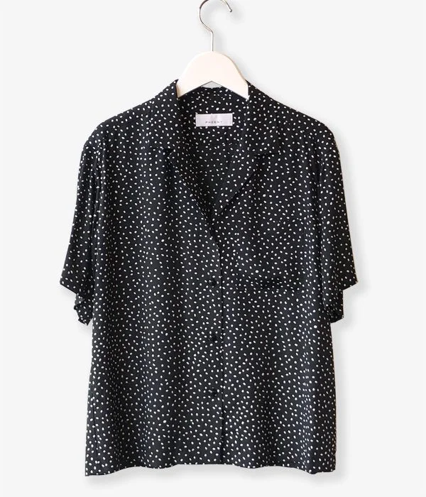 PHEENY/RAYON DOT OPEN COLLAR SHIRT(BLACK) Stylish Casual Short Tee