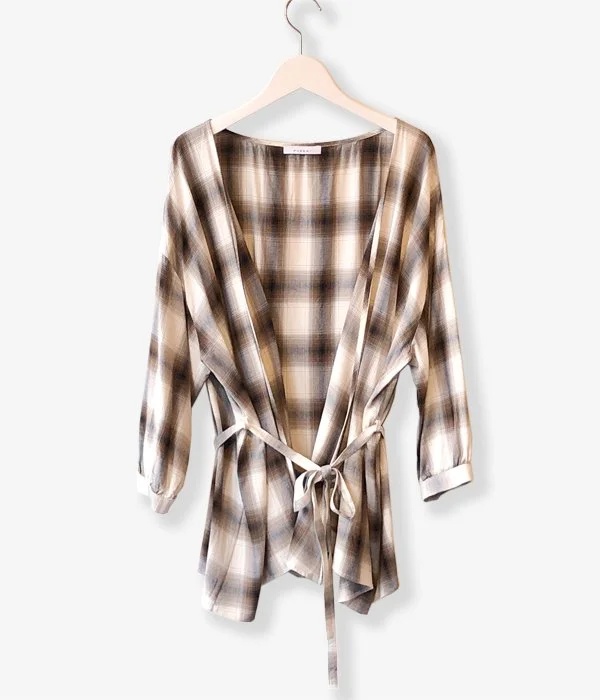 PHEENY/RAYON OMBRE CHECK CACHE-COEUR SHIRT(BROWN) Soft Silk Short Sleeve