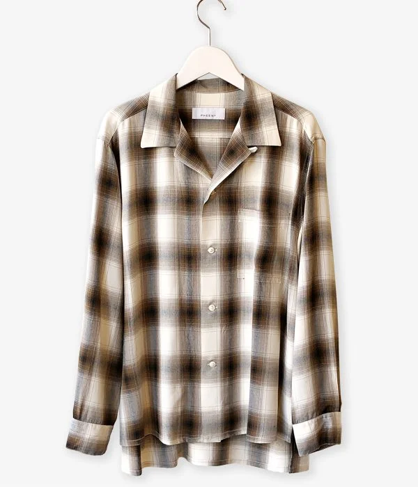 PHEENY/RAYON OMBRE CHECK OPEN COLLAR SHIRT(BROWN) Trendy Ruffled Short Sleeve