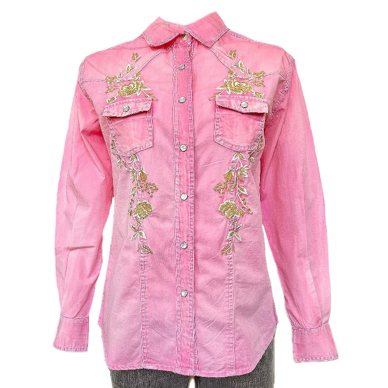 Women's Soft Pink Floral Embroidered Western Shirt Classic Short Sleeve Blouse