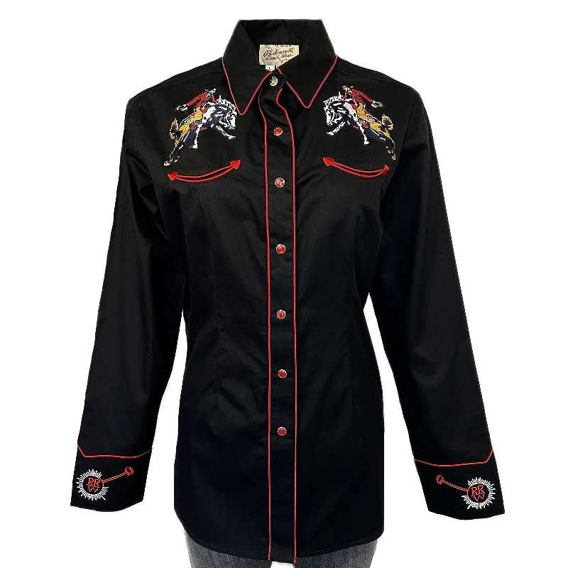 Women’s Rockmount Bronc Vintage Embroidery Western Shirt in Black Fashionable Tied Short Sleeve