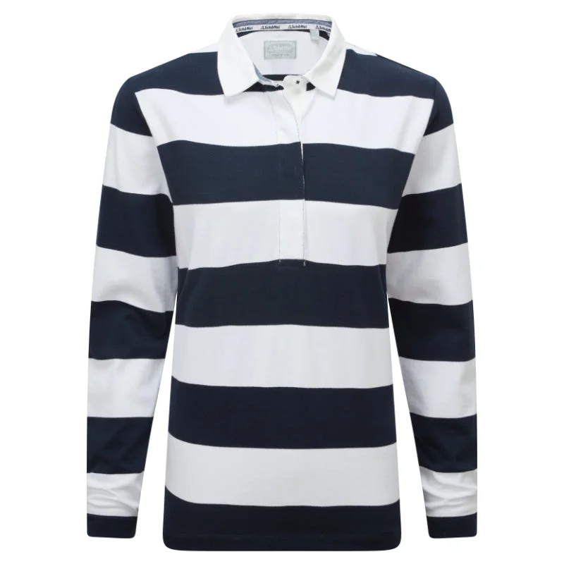 Schoffel St Mawgan Ladies Rugby Shirt  - Navy/White Stripe Comfortable Ribbed Short Sleeve