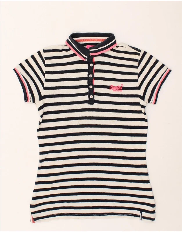 SUPERDRY Womens Polo Shirt UK 6 XS Black Striped Comfortable Peplum Short Shirt