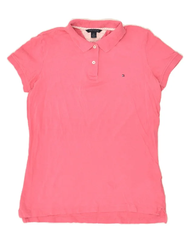 TOMMY HILFIGER Womens Polo Shirt UK 10 Small Pink Cotton Elegant Draped Short Shirt