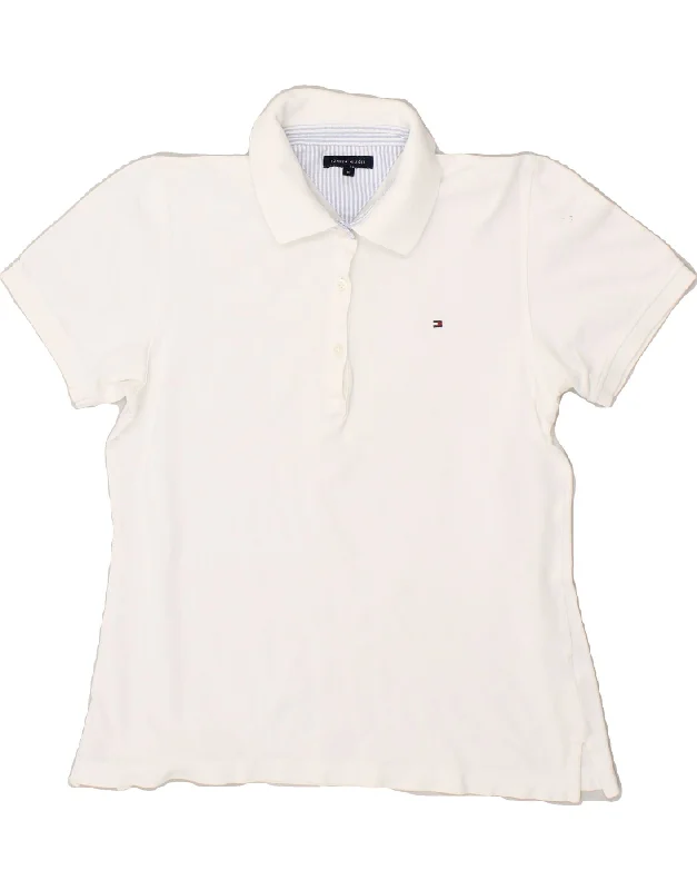 TOMMY HILFIGER Womens Polo Shirt UK 12 Medium White Comfortable Fit Short Shirt