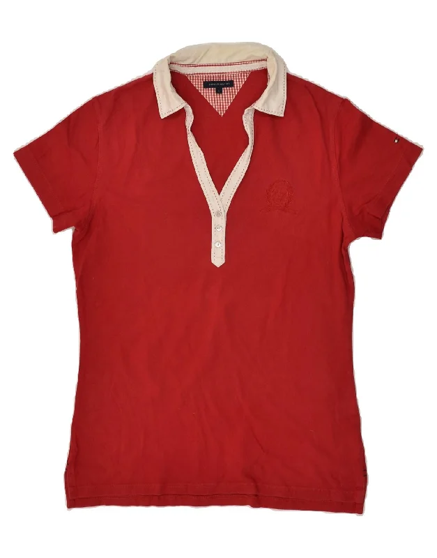 TOMMY HILFIGER Womens Polo Shirt UK 14 Large Red Classic V-Neck Short Shirt