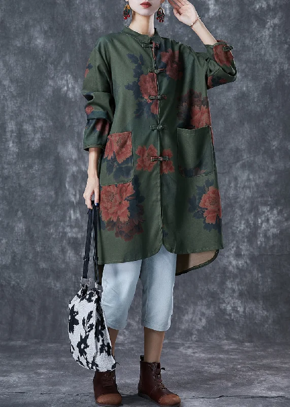 Vintage Blackish Green Print Chinese Button Linen Long Shirts Fall Comfortable Graphic Short Sleeve