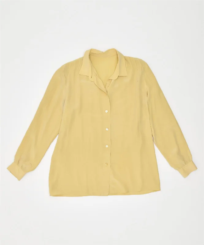 VINTAGE Womens Shirt Blouse UK 14 Medium Yellow Comfortable Flowing Short Sleeve