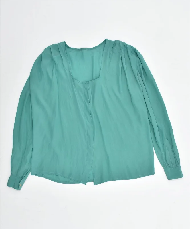 VINTAGE Womens Shirt Blouse Uk 16 Large Turquoise Stylish Split-Hem Short Shirt