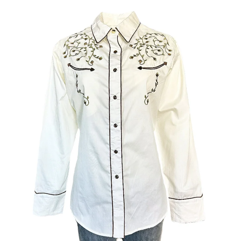 Women’s Rhinestones & Scrolls Embroidery Western Shirt in Ivory Relaxed Fit Short Blouse