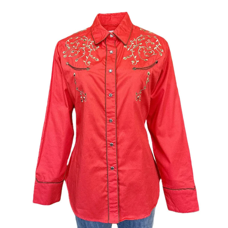 Women’s Rhinestones & Scrolls Embroidered Western Shirt in Red Classic V-Neck Short Shirt