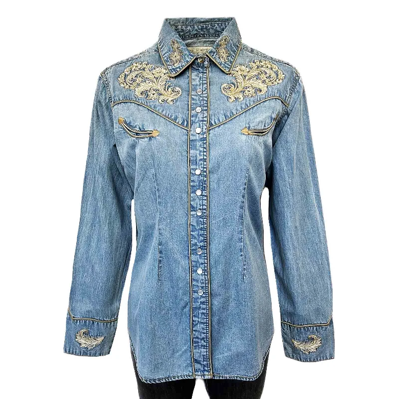 Women’s Vintage Denim Western Shirt with Floral Embroidery Chic Embellished Short Sleeve