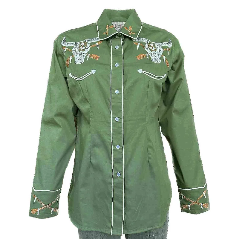 Women’s Vintage Green Steer Skull & Arrow Chain Stitch Embroidery Western Shirt Classic Basic Short Shirt