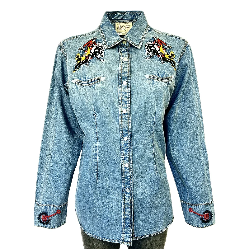 Women’s Rockmount Bronc Vintage Embroidery Western Shirt in Denim Trendy Ruffled Short Sleeve