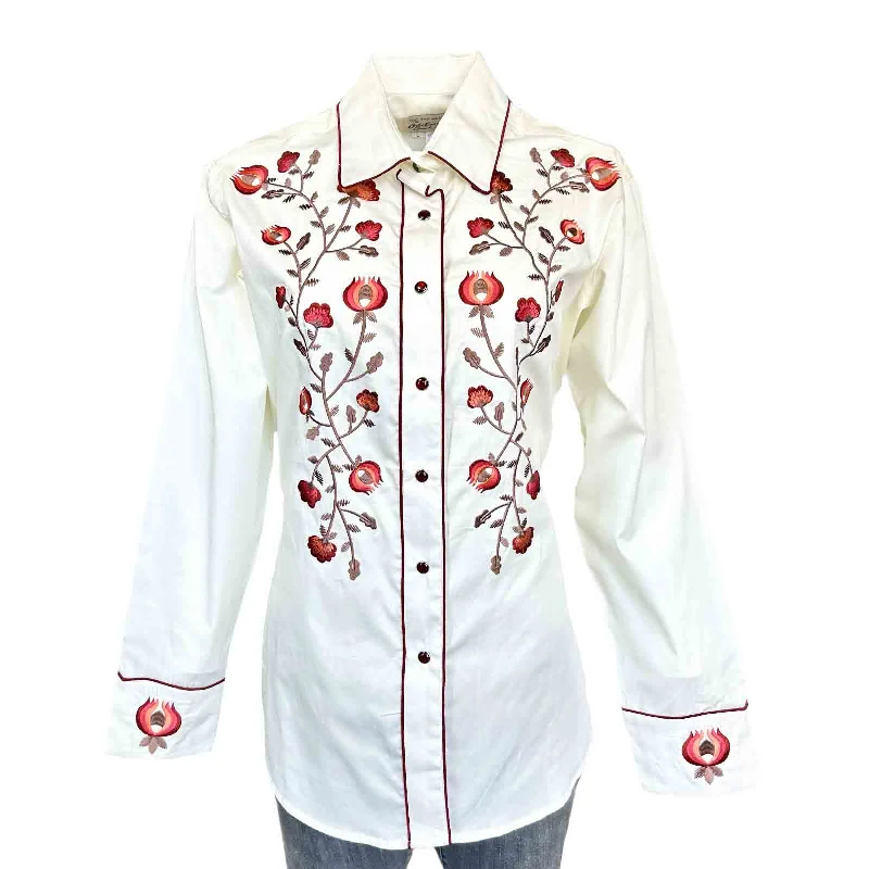 Women’s Vintage Ivory Thistle Floral Embroidery Western Shirt Comfortable Knit Short Shirt