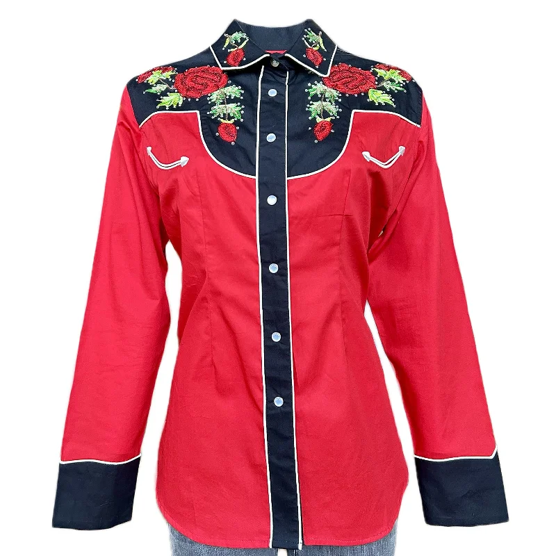 Women's Vintage 2-Tone Red Roses Embroidery Western Shirt Soft Flowing Short Shirt