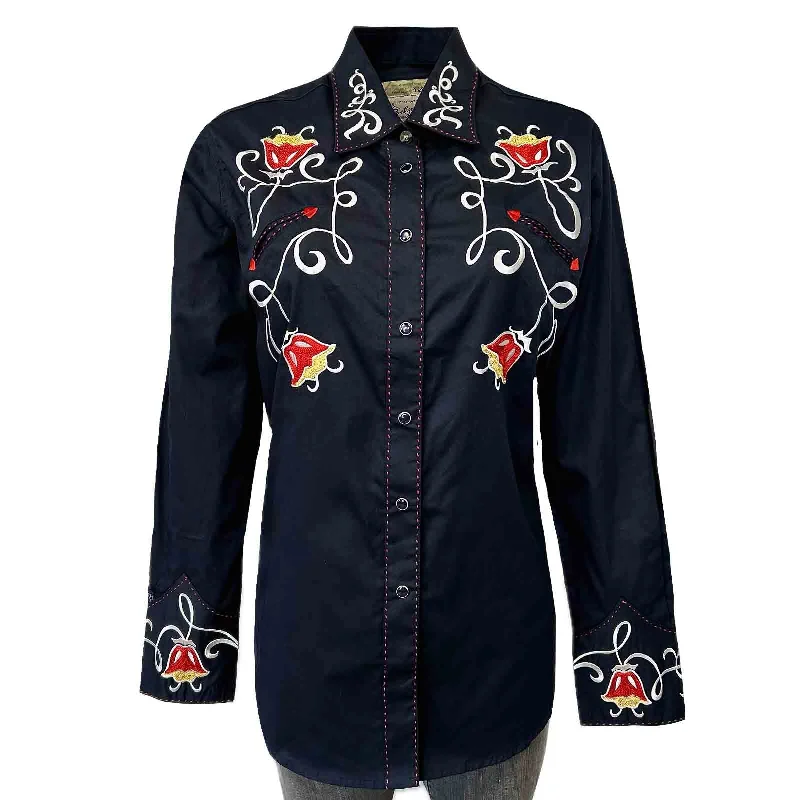 Women's Art Deco Floral Embroidery Navy Western Shirt Relaxed Cotton Short Shirt