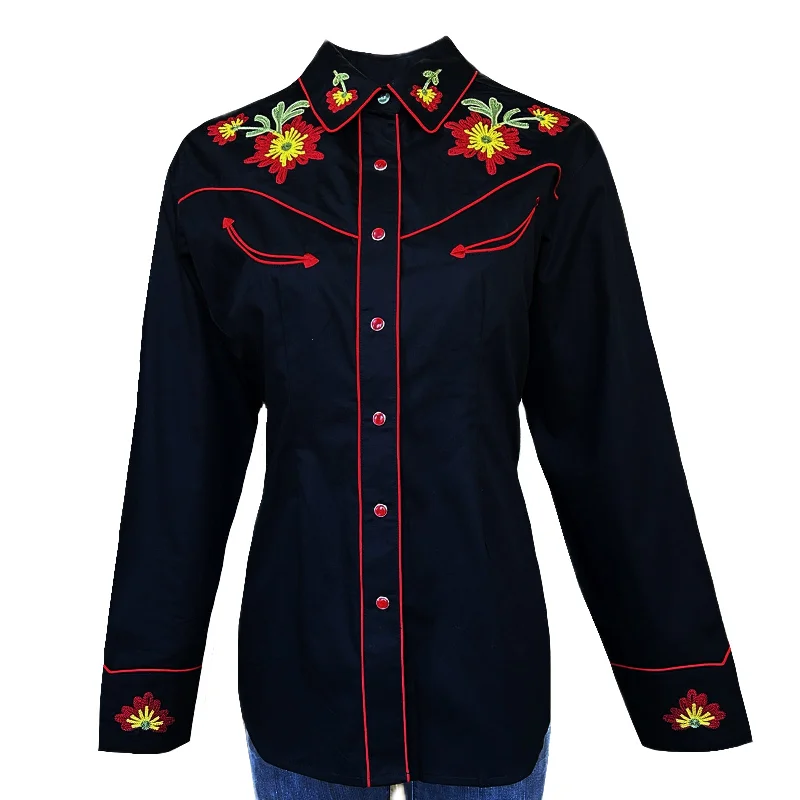 Women's Black Vintage Floral Embroidered Western Shirt Comfortable Pocket Short Shirt