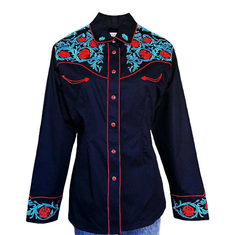 Women's Vintage Floral Embroidered Black Western Shirt Relaxed Fit Short Blouse