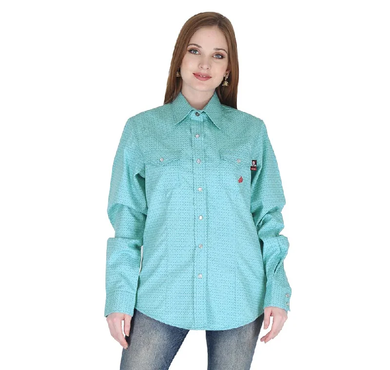 Forge Fr Women's Cyan Printed Long Sleeve Shirt Trendy Button-Front Short Sleeve