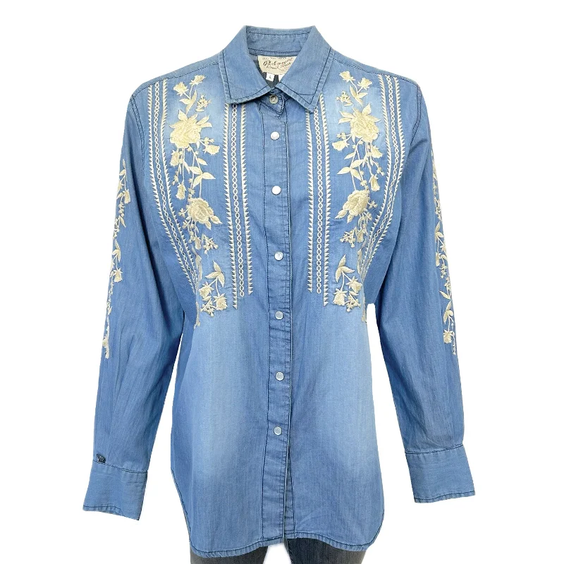 Women's Denim Boho Floral Embroidered Western Shirt Casual Slouchy Short Sleeve