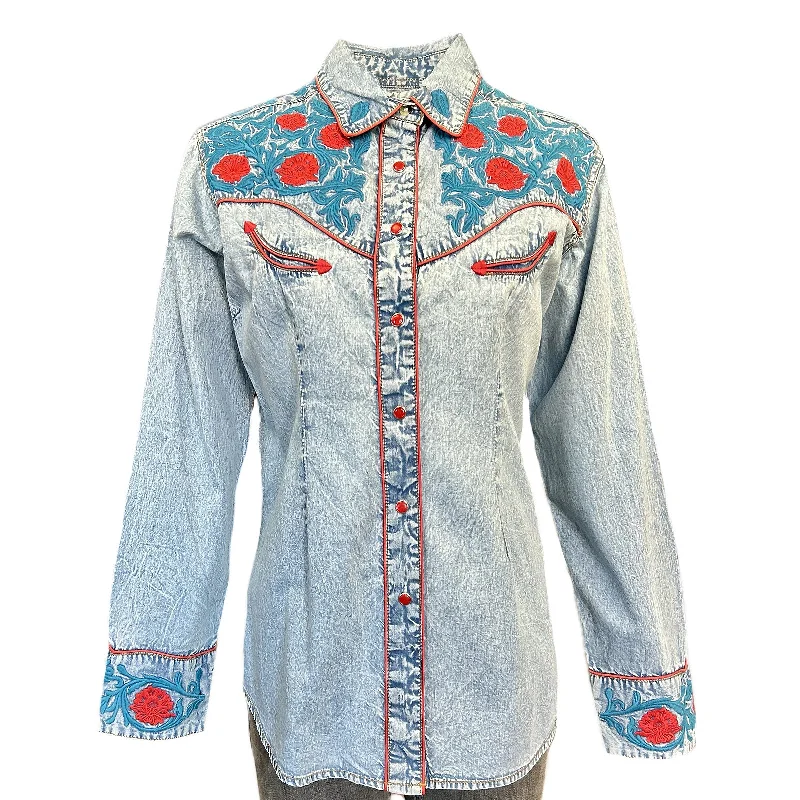 Women's Vintage Floral Embroidered Denim Western Shirt Trendy Print Short Sleeve