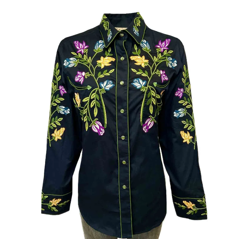 Women's Vintage Navy Floral Crochet Embroidered Western Shirt Casual Oversized Short Shirt