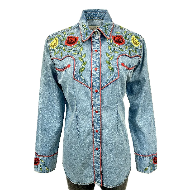 Women's Vintage Floral Denim Embroidered Western Shirt Trendy Summer Short Sleeve