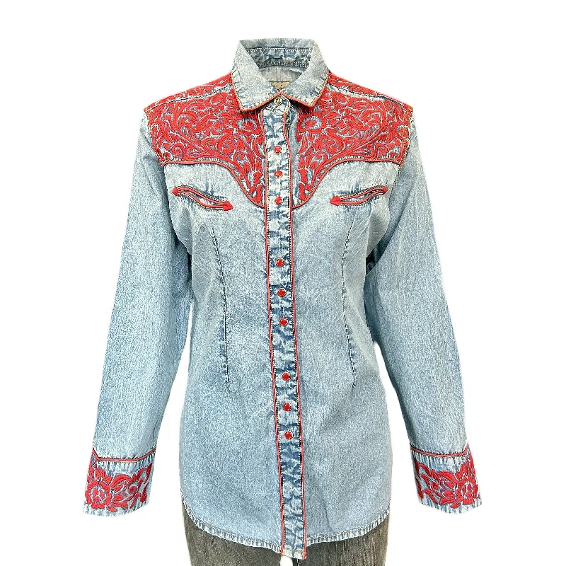 Women's Vintage Tooling Embroidery Denim & Red Western Shirt Classic Short Sleeve Blouse