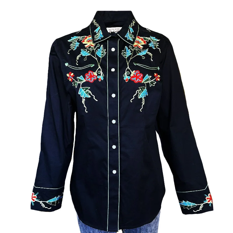 Women's Floral Embroidery Cotton Gabardine Black Western Shirt Stylish Striped Short Sleeve