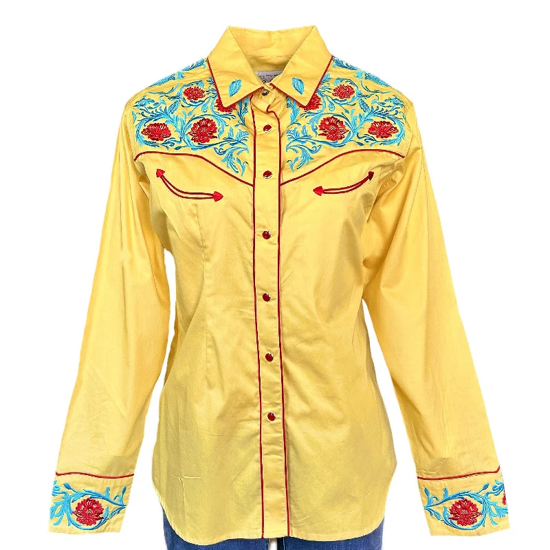 Women's Vintage Floral Embroidered Gold Western Shirt Soft Cotton Short Shirt