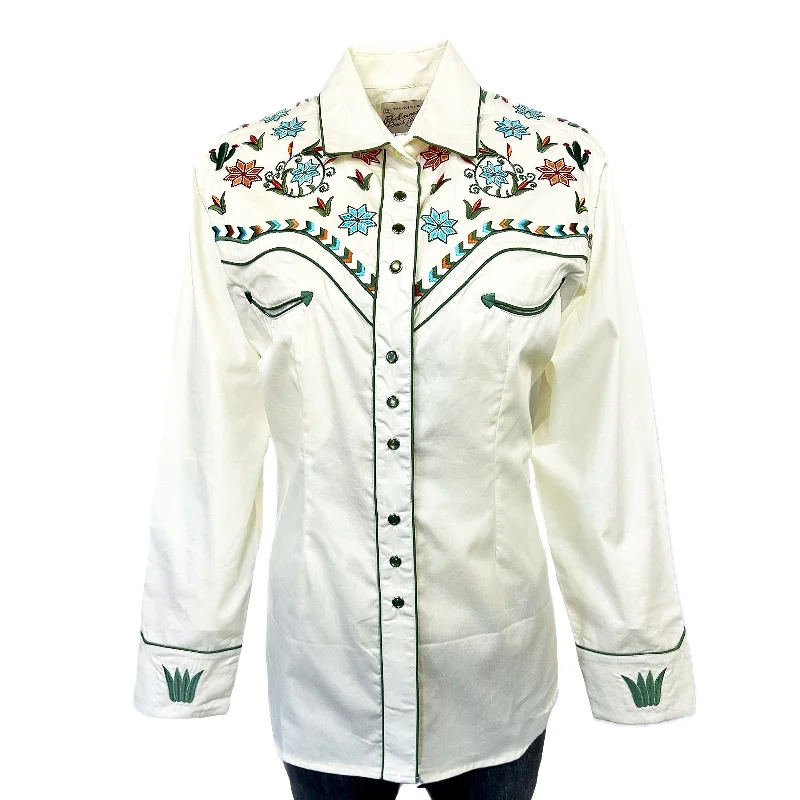 Women's Ivory Agave Cactus Floral Embroidery Western Shirt Elegant Lace Short Sleeve