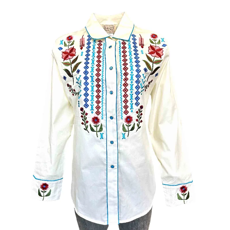 Women's Boho Serape Western Shirt with Cascading Embroidery in Ivory Elegant High-Low Short Shirt