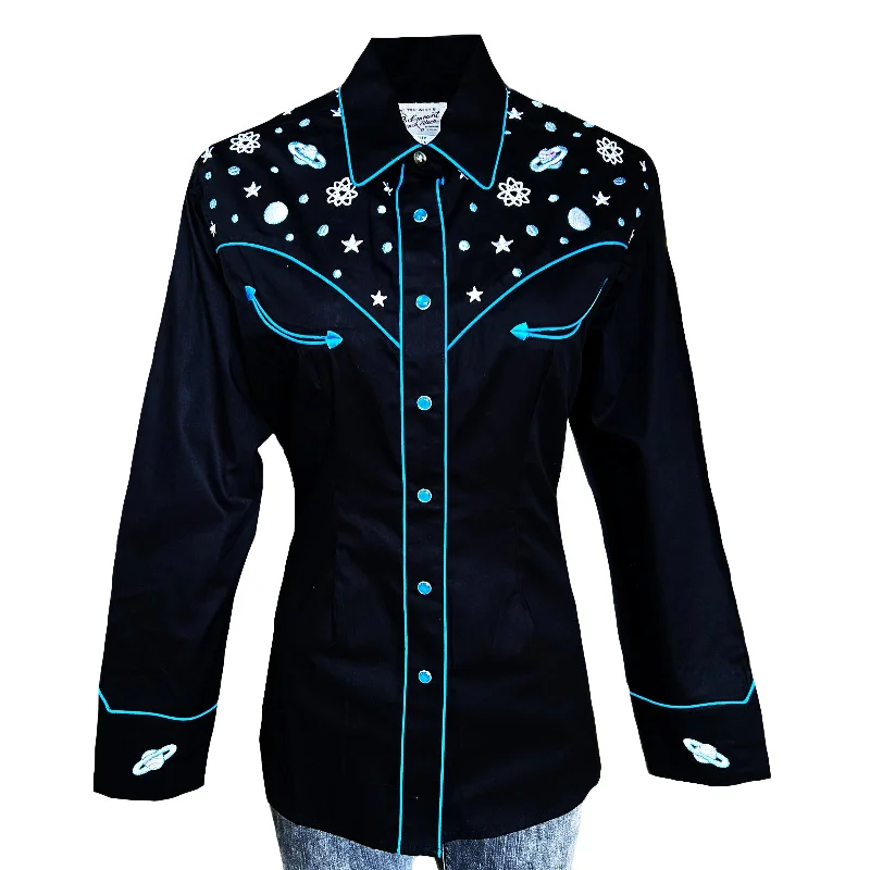 Women's Out of This World Embroidered Black Western Shirt Comfortable Ribbed Short Sleeve