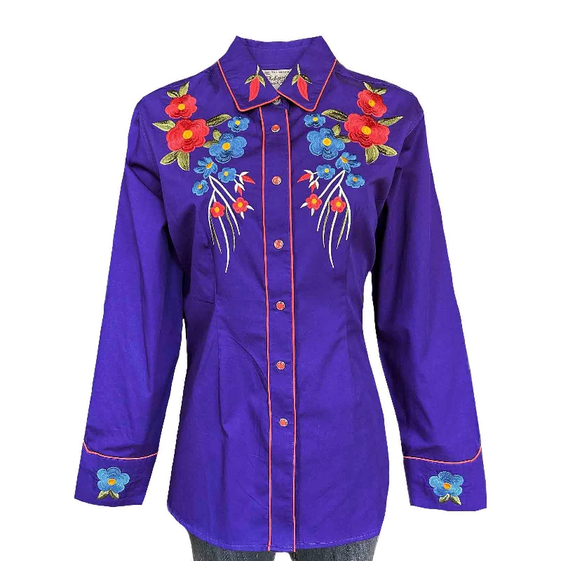 Women's Vintage Purple Floral Bouquet Embroidered Western Shirt Casual Oversized Short Shirt