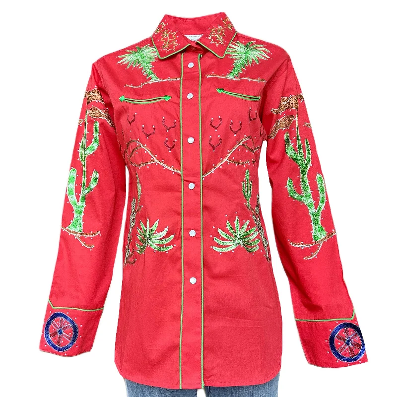 Women's Porter Wagoner Red Embroidered Western Shirt Stylish Crew Neck Shirt