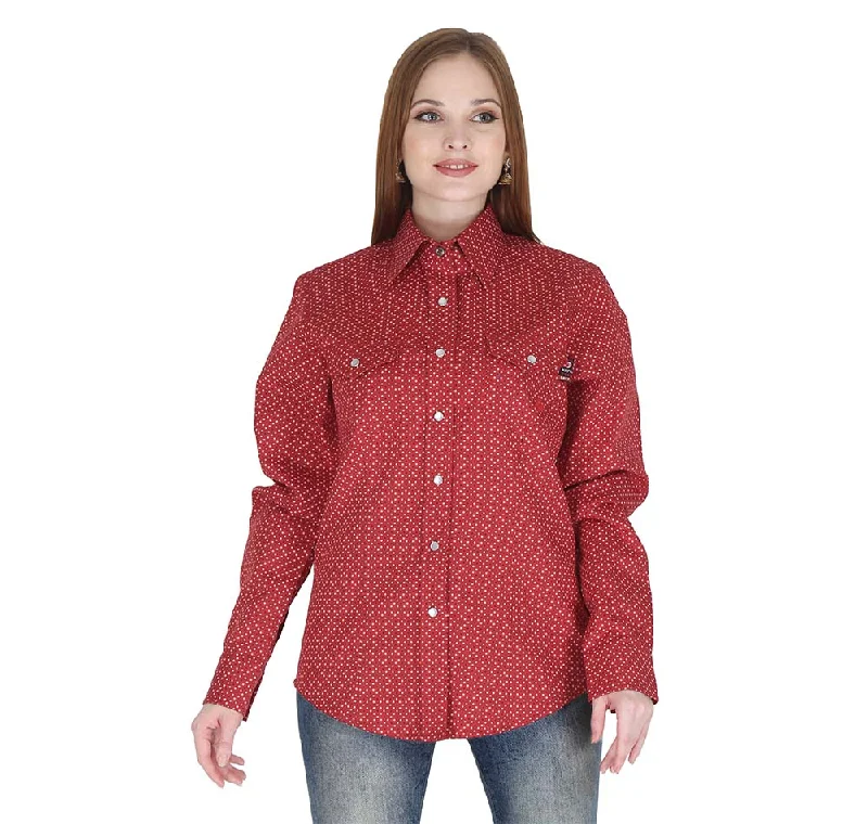 Forge Fr Women's Red Printed Long Sleeve Shirt Trendy Short Sleeve Blouse