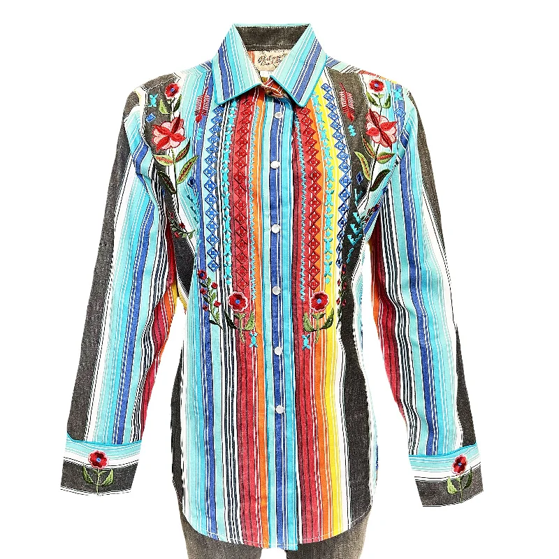 Women's Boho Serape Stripe Western Shirt with Cascading Embroidery Fashionable Button-Front Short Sleeve